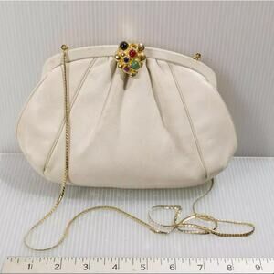 Judith Leiber Bag Cream Leather Gemstones Snap Top